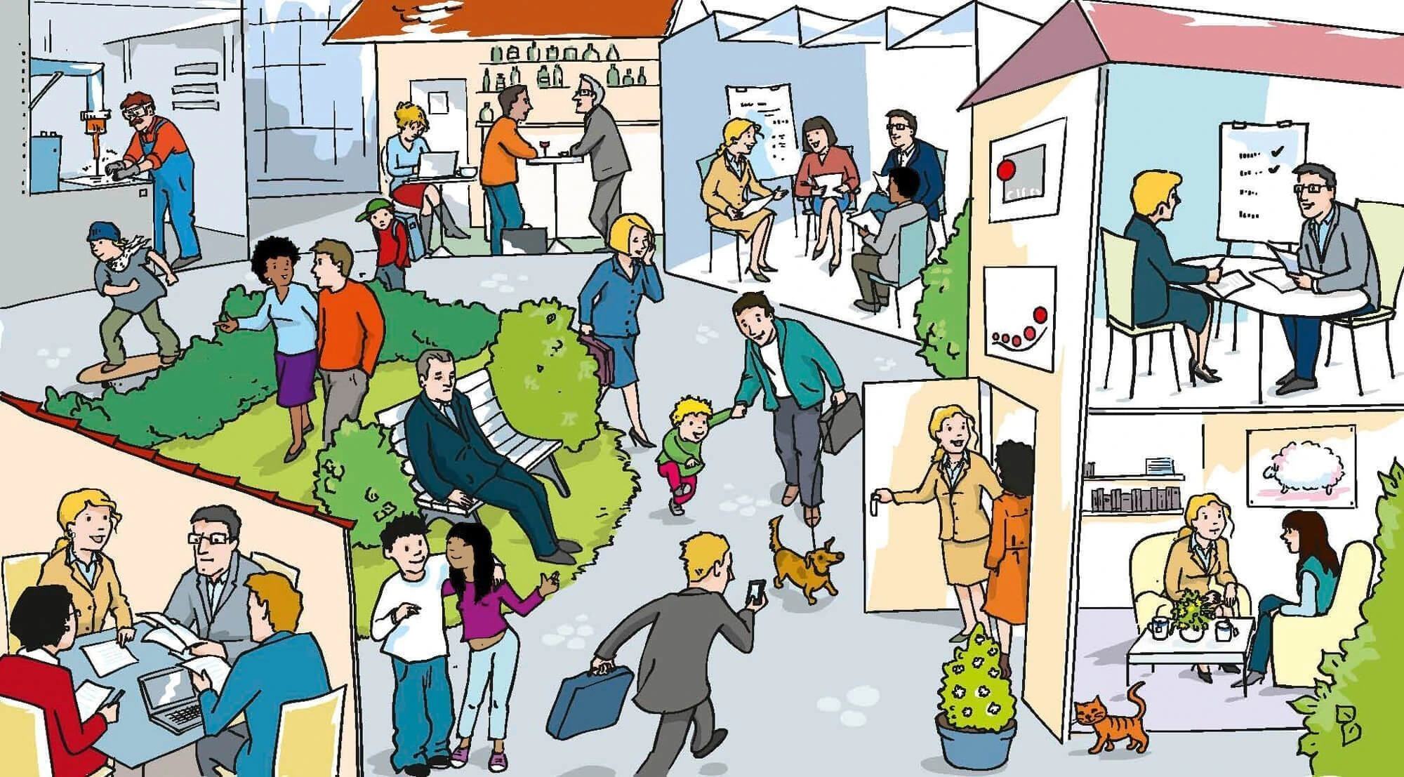 Wimmelbild mit verschiedenen Beratungssituationen